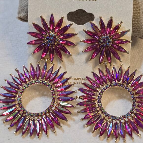 Natasha Gorgeous Pink Iridescent Starburst Chandelier Earrings New! - Picture 2 of 7
